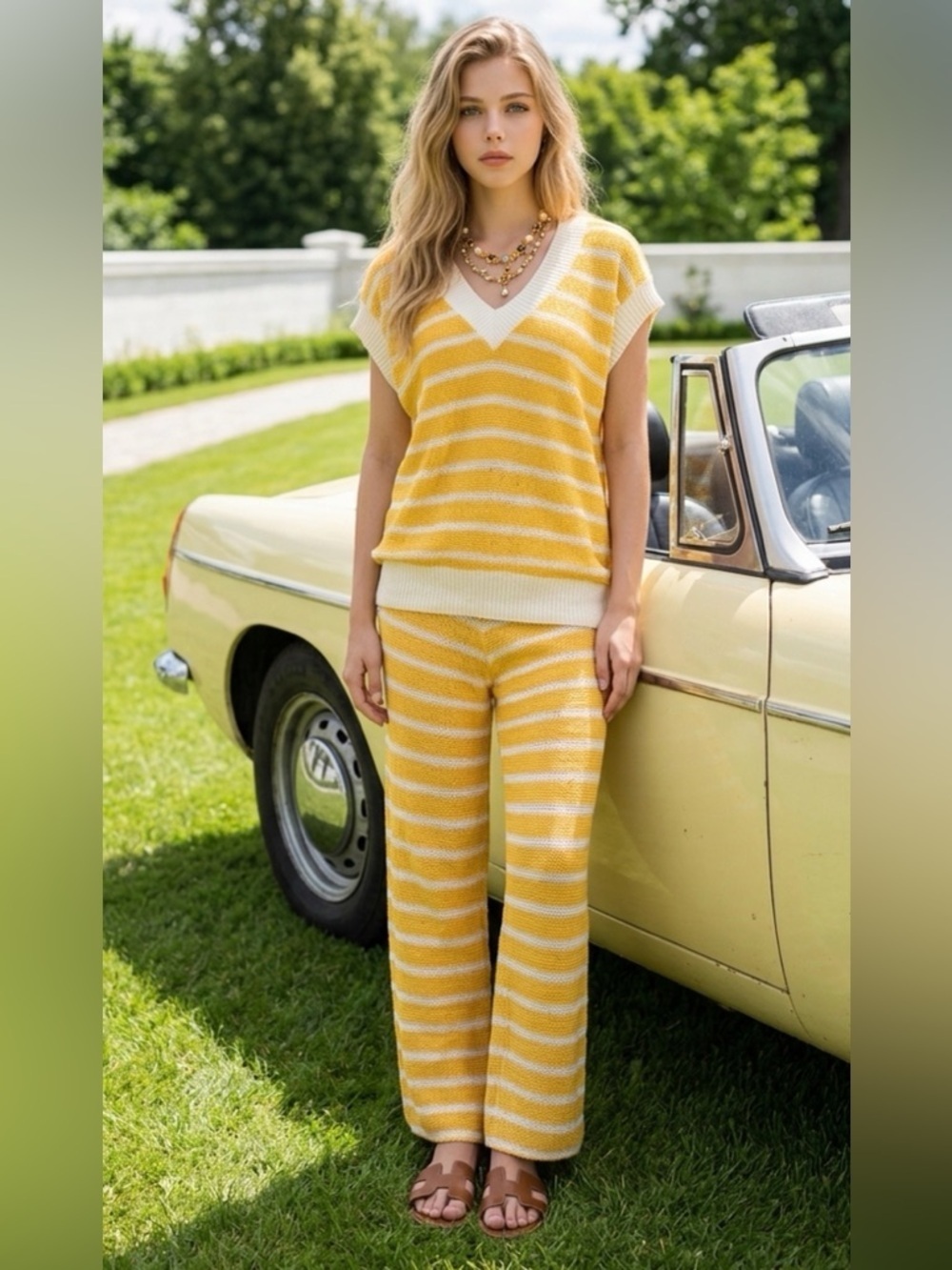 Zara Yellow & White Striped Knit Pantsuit